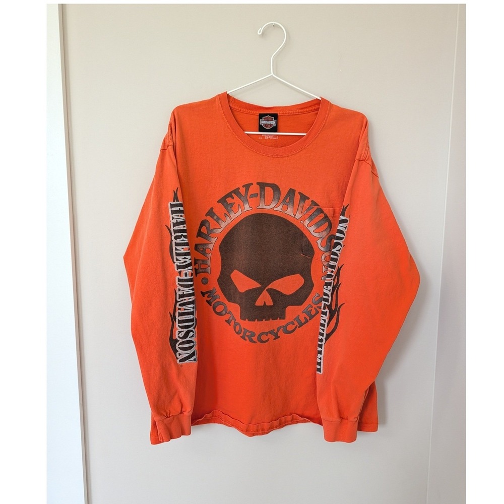 Harley Davidson Willie G Skull Long Sleeve Pocket T-Shirt Orange Mens L